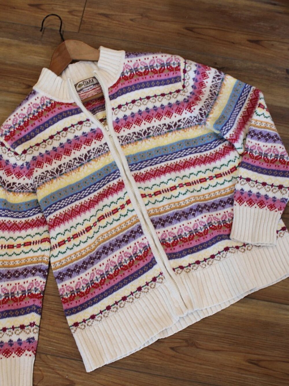 VTG Y2K Tiara International Fair Isle Rainbow Zip Knit Cardigan Sweater Size M